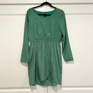 J Crew Women's Green Tulip Hem Faux Wrap Dress with Blue Triangle Pattern Size 8